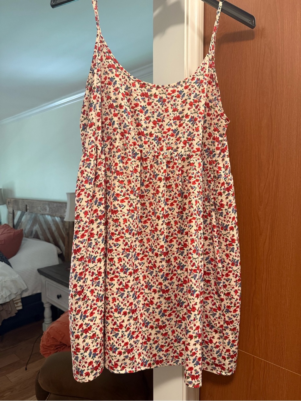 Magnolia Cream Mini Dress with Red & Blue Floral Print